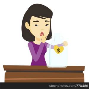 Worried asian business bankrupt looking at empty money box with dollar sign. Desperate bankrupt sitting at the table with empty money box. Vector flat design illustration isolated on white background.. Bankrupt woman looking at empty money box