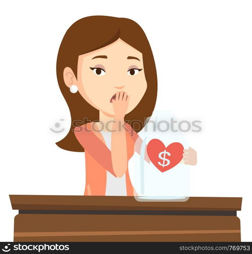 Worried bankrupt business woman looking at empty money box. Upset bankrupt sitting at the table with empty money box. Bankruptcy concept. Vector flat design illustration isolated on white background.. Bankrupt business woman looking at empty glass jar