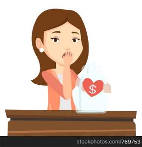 Worried bankrupt business woman looking at empty money box. Upset bankrupt sitting at the table with empty money box. Bankruptcy concept. Vector flat design illustration isolated on white background.. Bankrupt business woman looking at empty glass jar