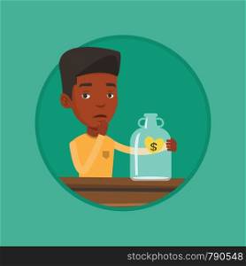 Worried bankrupt looking at empty money box. Desperate bankrupt sitting at the table with empty money box. Bankruptcy concept. Vector flat design illustration in the circle isolated on background.. Worried businessman looking at empty money box.