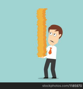 Worried businessman carefully carrying pile of golden coins, trying to protect from fall, for finance or investment concept design. Cartoon flat style. Businessman carefully carrying pile of coins