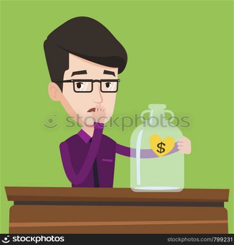 Worried businessman looking at empty glass jar. Young bankrupt businessman. Desperate man sitting at the table with empty money box. Bankruptcy concept. Vector flat design illustration. Square layout.. Worried businessman looking at empty glass jar.
