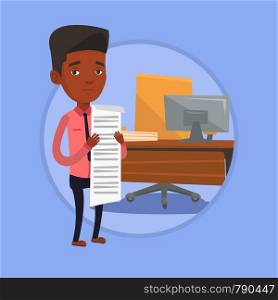 Worried businessman standing with long bill in office. Businessman holding a long bill. Disappointed businessman checking bills. Vector flat design illustration in the circle isolated on background.. Businessman holding long bill vector illustration.