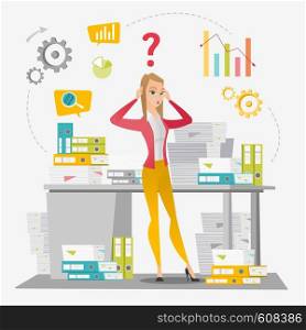 Worried caucasian business woman standing in front of office desk with many stacks of papers. Stressful business woman overloaded with work with papers. Vector flat design illustration. Square layout.. Business woman overloaded with paperwork.