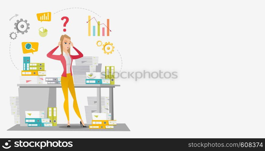 Worried caucasian business woman standing in front of office desk with stacks of papers. Stressful business woman overloaded with work with papers. Vector flat design illustration. Horizontal layout.. Business woman overloaded with paperwork.