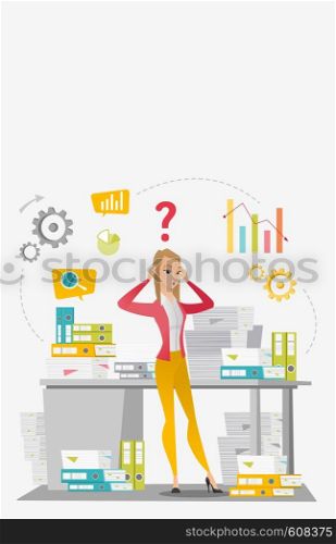 Worried caucasian business woman standing in front of office desk with stacks of papers. Stressful business woman overloaded with work with papers. Vector flat design illustration. Vertical layout.. Business woman overloaded with paperwork.