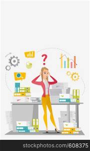 Worried caucasian business woman standing in front of office desk with stacks of papers. Stressful business woman overloaded with work with papers. Vector flat design illustration. Vertical layout.. Business woman overloaded with paperwork.