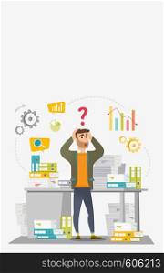 Worried caucasian businessman standing in front of office desk with many stacks of papers. Stressful businessman overloaded with work with papers. Vector flat design illustration. Vertical layout.. Businessman overloaded with work with papers.