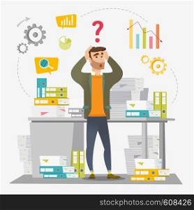 Worried caucasian businessman standing in front of office desk with many stacks of papers. Stressful businessman overloaded with work with papers. Vector flat design illustration. Square layout.. Businessman overloaded with paperwork.