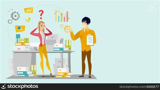 Worried caucasian white business woman standing in front of desk with stacks of papers while her asian coworker holding clipboard and giving thumb up. Vector cartoon illustration. Horizontal layout.. Caucasian business woman overloaded with paperwork