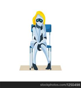 Worried Female Robot on Chair Wait Job Interview. Modern Technology and Artificial Intelligence in Office. Recruitment. Pensive Blond Woman Bot Candidate Sit. Flat Cartoon Vector Illustration. Worried Female Robot on Chair Wait Job Interview