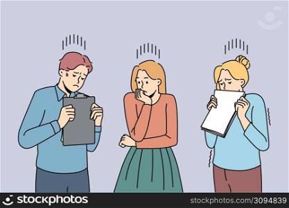 Worried millennial students frightened before exam or test. Anxious young people or colleagues feel terrified nervous of work failure or loss. Fear of business fail. Flat vector illustration. . Anxious young people feel frightened of failure