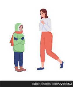 Worried mom with kid semi flat color vector character. Two figures. Full body people on white. Common situations isolated modern cartoon style illustration for graphic design and animation. Worried mom with kid semi flat color vector character