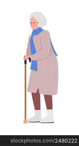 Worried old woman with walking stick semi flat color vector character. Standing figure. Full body person on white. Simple cartoon style illustration for web graphic design and animation. Worried old woman with walking stick semi flat color vector character