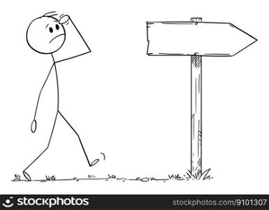 Worried person on the way following directional arrow sign, vector cartoon stick figure or character illustration.. Worried Person on the Way , Vector Cartoon Stick Figure Illustration