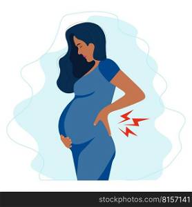 Worried Pregnant black woman experiences backache discomfort. Spinal discomfort.Pregnant woman suffering from lower back pain. Pregnancy symptoms, motherhood, Health problem concept.