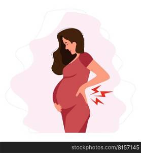 Worried Pregnant woman experiences backache discomfort. Spinal discomfort.Pregnant woman suffering from lower back pain. Pregnancy symptoms, motherhood, Health problem concept.Vector