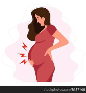 Worried Pregnant woman experiences backache discomfort. Spinal discomfort.Pregnant woman suffering from lower back pain. Pregnancy symptoms, motherhood, Health problem concept.Vector