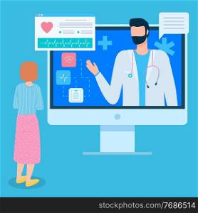 Worried woman chatting remotely with cardiologist or doctor for heart problems. Large cartoon screen monitor with heart symbol, cardiogram, text messaging, pills, prescription. Online medicine concept. Woman consults with cardiologist online via smartphone. Chatting of doctor and patient. Health care