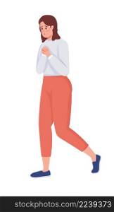 Worried woman semi flat color vector character. Walking figure. Full body person on white. Common situations and daily tasks isolated modern cartoon style illustration for graphic design and animation. Worried woman semi flat color vector character