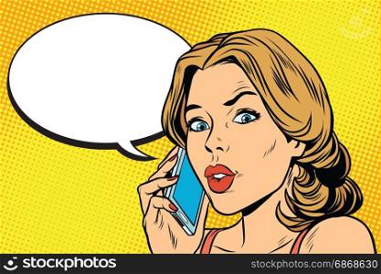 worried woman talking on the smartphone. Pop art retro comic book vector illustration. worried woman talking on the smartphone