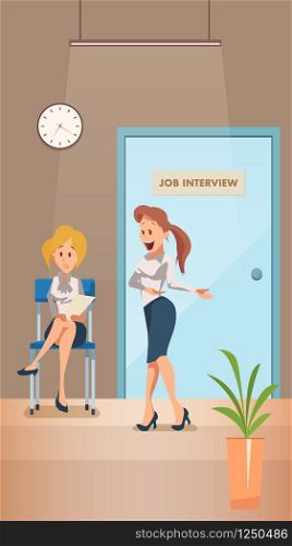 Worried Woman Wait for Job Interview in Corridor. Female Manager Ask Employee to Office. Blond Character Hold Resume Sit on Chair at Door in Hallway. Work Search. Cartoon Flat Vector Illustration. Worried Woman Wait for Job Interview in Corridor