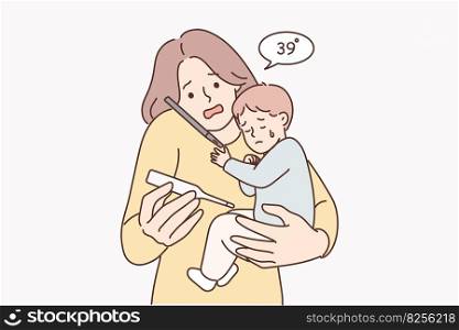 Worried woman with sick baby holding thermometer and calling pediatrician doctor or calling ambulance. Mother with little son who has flu due to viral infection consults pediatrician . Woman with sick baby holding thermometer and calling pediatrician doctor or calling ambulance