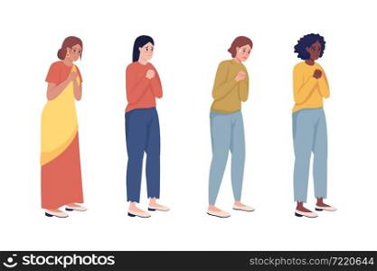 Worried women semi flat color vector characters set. Full body people on white. Nervous women squeezing hands together isolated modern cartoon style illustrations for graphic design and animation. Worried women semi flat color vector characters set
