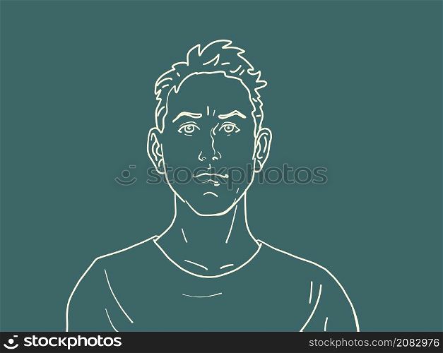 worried young white male portrait, serious emotions. People. Comic Cartoon Kitsch Vintage Hand Drawing Illustration. worried young white male portrait, serious emotions. People