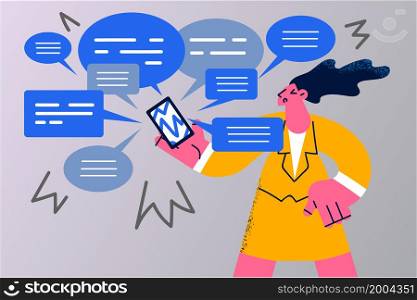 Worried young woman distressed with numerous notifications on smartphone device. Unhappy female depressed overwhelmed with internet spam on cellphone. Scam and fraud. Vector illustration. . Unhappy woman distressed with internet notifications on cellphone