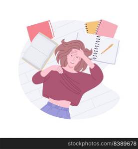 Worries before exams isolated cartoon vector illustrations. Young girl is nervous before exams, lying on the floor with diversity of books, educational process at college vector cartoon.. Worries before exams isolated cartoon vector illustrations.