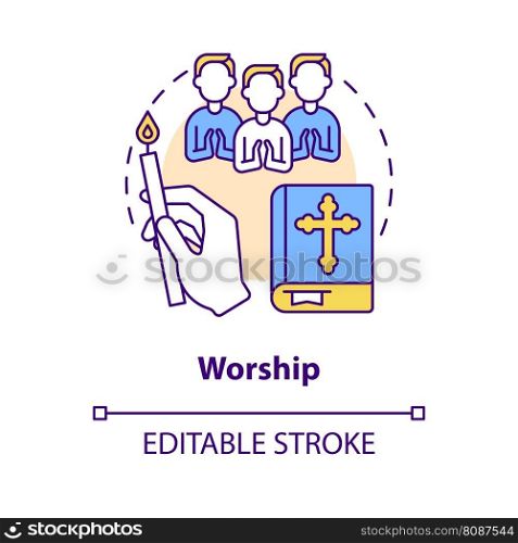 Worship concept icon. Church service for believers. Religious practice abstract idea thin line illustration. Isolated outline drawing. Editable stroke. Arial, Myriad Pro-Bold fonts used. Worship concept icon