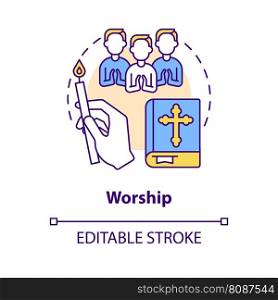 Worship concept icon. Church service for believers. Religious practice abstract idea thin line illustration. Isolated outline drawing. Editable stroke. Arial, Myriad Pro-Bold fonts used. Worship concept icon