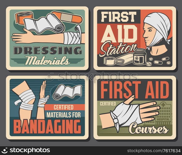 Wound and injury bandaging vector design of first aid medical treatments. Broken hand or arm, injured leg and head with gauze dressing, plaster, adhesive bandage, patch and band or tape. Wound and injury bandaging, medical first aid