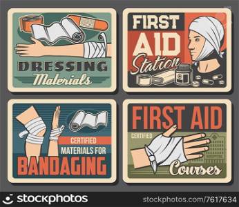 Wound and injury bandaging vector design of first aid medical treatments. Broken hand or arm, injured leg and head with gauze dressing, plaster, adhesive bandage, patch and band or tape. Wound and injury bandaging, medical first aid