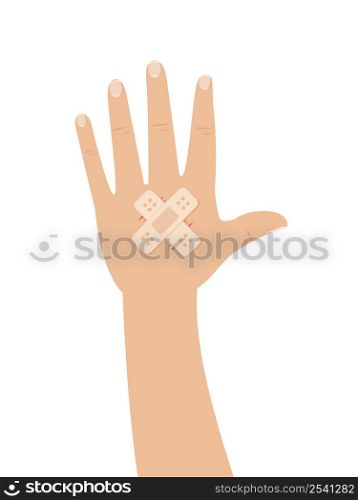 Wound hand with an adhesive bandage. Double sticking plaster. Vector illustration