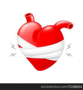 Wounded red heart and bandages. Pain heart, icon design. Illustration isolated on white background.