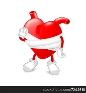 Wounded red heart character with bandages. Illustration isolated on white background.