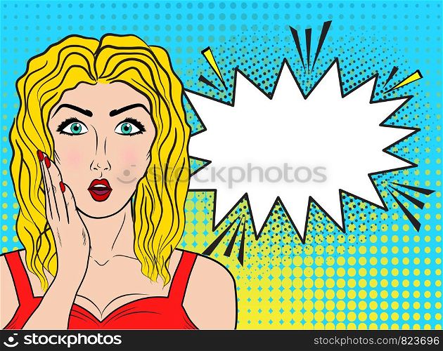 Wow female face. Sexy young blonde womanwith open mouth and long hair, bright makeup and empty speech bubble. Vector colorful background in pop art retro comic style. Invitation poster.