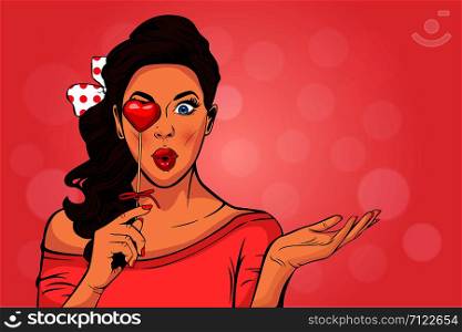 Wow pop art face of surprised fashion girl open mouth with Valentine Heart in hand. Love. Beautiful young woman model pointing hand, advertising gesture.
