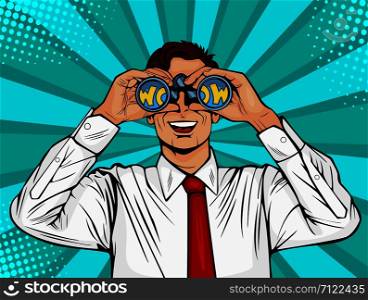 Wow pop art face of surprised man open mouth holding binoculars in his hand with inscription wow in reflection. Vector illustration in retro comic style.