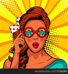 Wow pop art face of surprised woman open mouth holding sunglasses in her hand with inscription wow in reflection. Vector illustration in retro comic style.