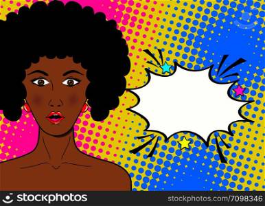 Wow pop art face. Sexy surprised african woman with open mouth and speech bubble. Vector colorful background in pop art retro comic style