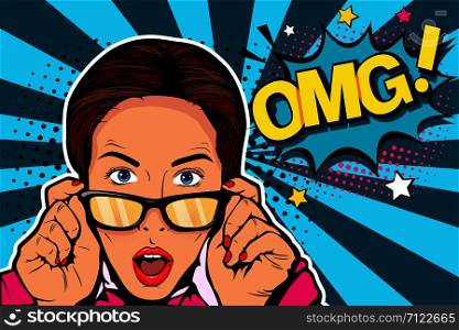 Wow pop art face. Sexy surprised young caucasian woman with open mouthin glasses and Wow speech bubble. Vector colorful background in pop art retro comic style.