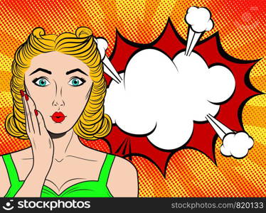 Wow pop art female face. Sexy surprised young woman with blond hair and speech bubble. Vector bright background in pop art retro comic style. Party invitation poster