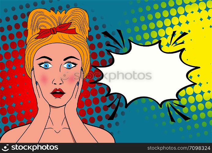 Wow pop art female face. Sexy surprised young woman with open mouth and blond hair and empty speech bubble. Vector bright background in pop art retro comic style.