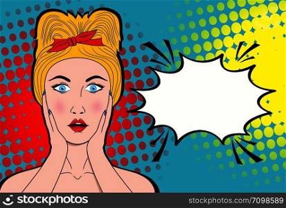 Wow pop art female face. Sexy surprised young woman with open mouth and blond hair and empty speech bubble. Vector bright background in pop art retro comic style.