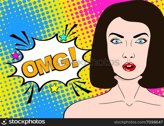 Wow pop art female face. Sexy surprised young woman with open mouth and dark hair and OMG! speech bubble. Vector bright background in pop art retro comic style.