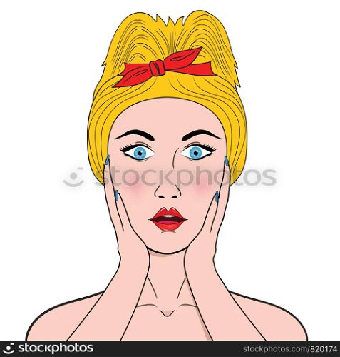 Wow pop art female face. Sexy surprised young woman with open mouth and blond hair in pop art retro comic style.