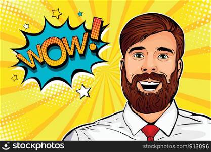 Wow pop art male hipster face. Young surprised man with beard and open mouth Wow speech bubble. Vector colorful illustration in retro comic style.
